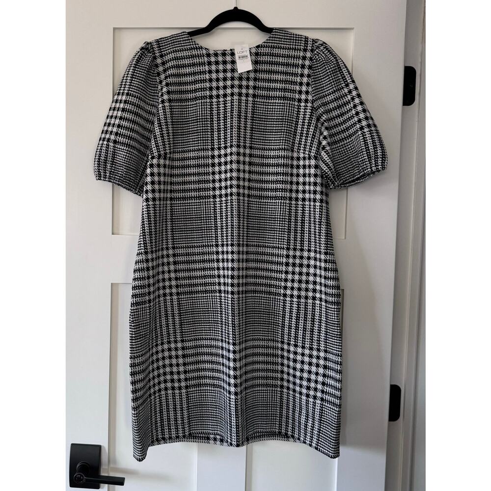 Houndstooth Puff Sleeve Pocket Dress Size Large LOFT Black and White NEW NWT